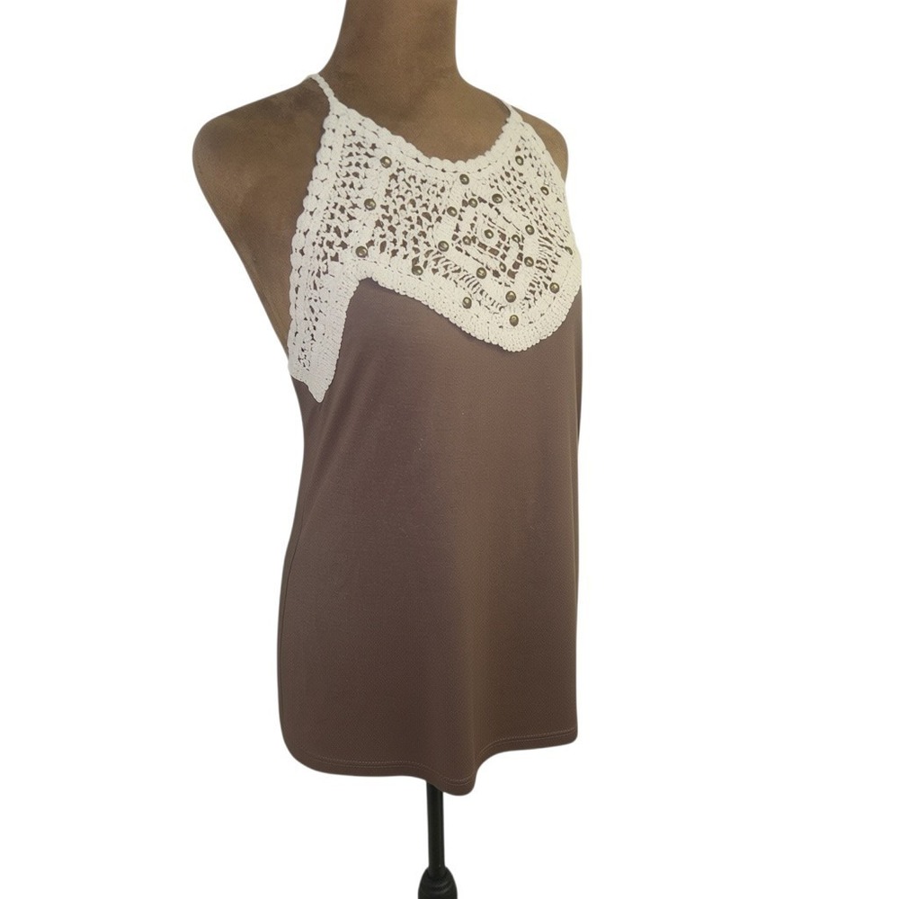 2b Bebe Halter Top Size XS Y2K Brown Crochet Bohemian Studded Women's
